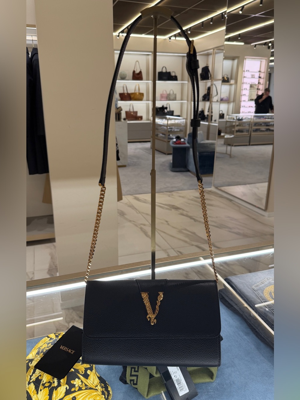 Versace virtus Black Leather Shoulder Bag with Gold New